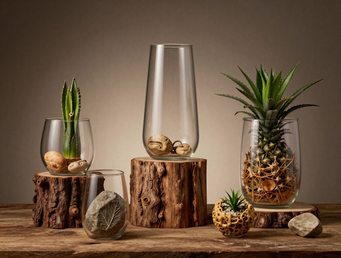 Detailný pohľad na bylinkový výťažok v sklenených nádobách na prírodnom pozadí z kameňa a dreva, teplé svetlo vytvára zlaté odlesky