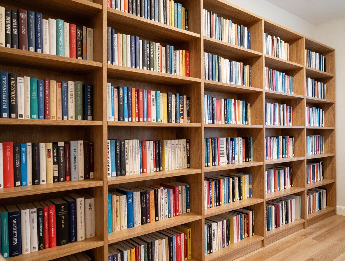 Elegantná moderná knižnica s drevenými policami plnými kníh, teplým jantárovým svetlom, zelenými rastlinami a veľkými oknami prepúšťajúcimi denné svetlo — atmosféra vedomostí a pokoja