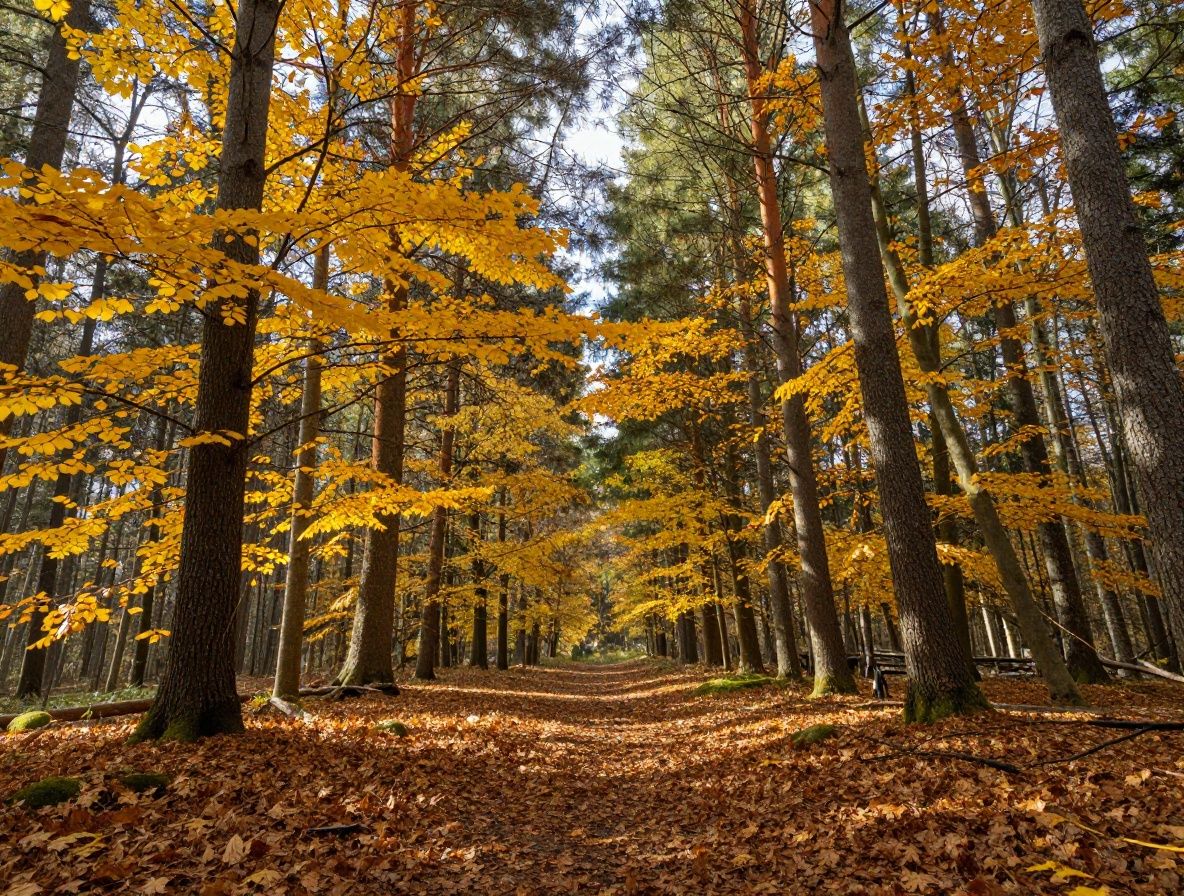 Jesenný les so zlatými a červenými listami, pokojná atmosféra, mäkké difúzne svetlo — symboly sezónnej zmeny a prírody