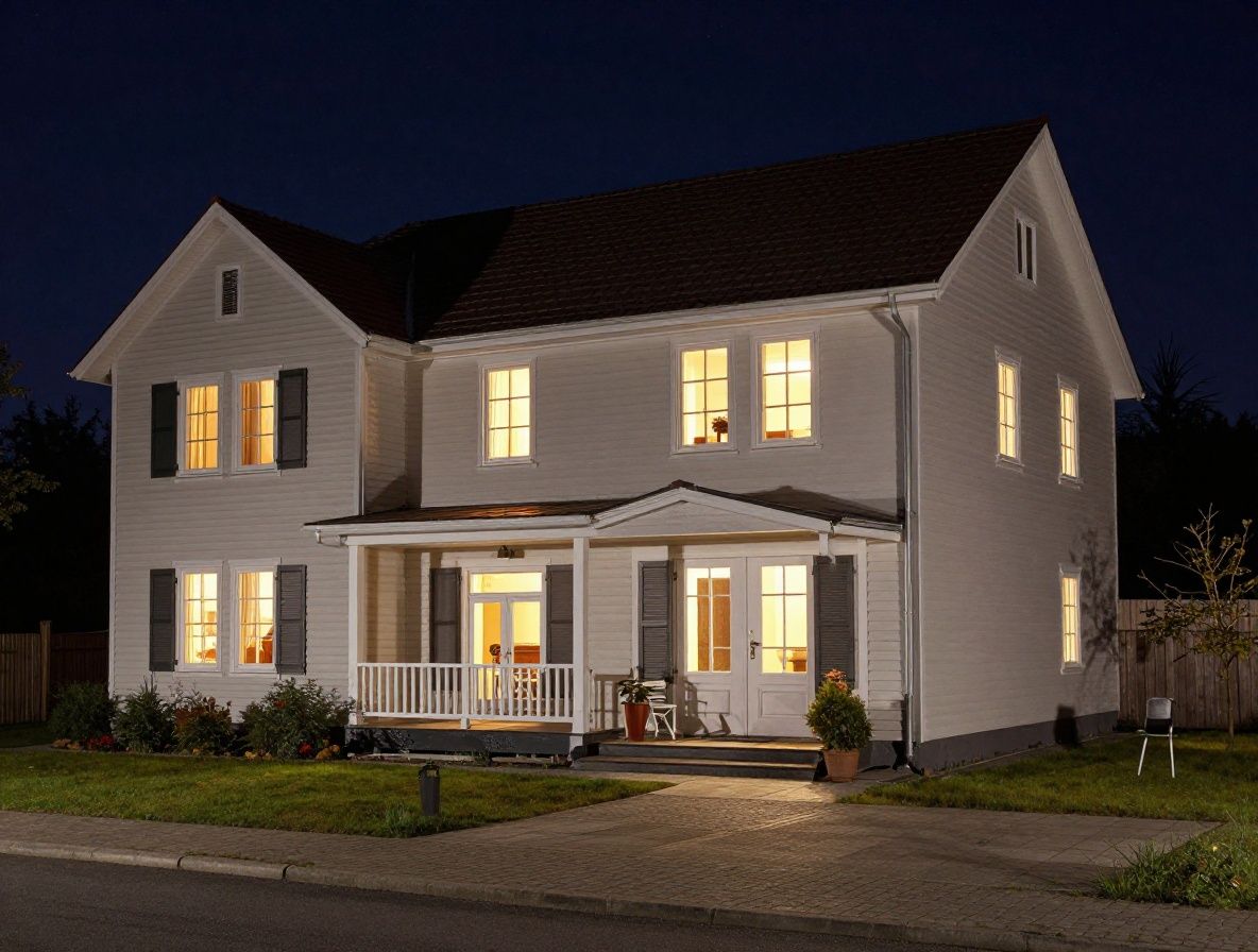 Pohľad z okna v noci na hviezdnu oblohu nad tichým vidieckym domom, modré a fialové odtiene nočnej oblohy s hmlou pri horizonte